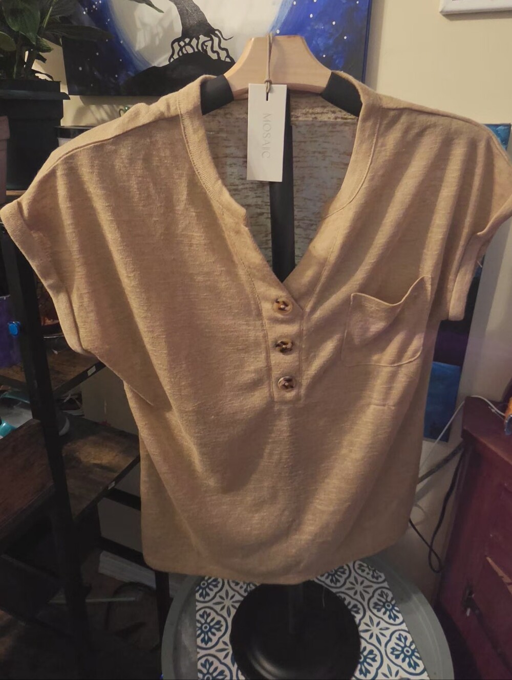 Casual Tan Short-Sleeve Henley Tee with Chest Pocket
